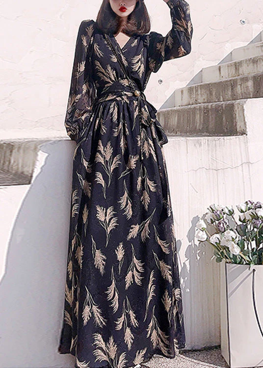 Boho Black V Neck Print Slim Long Dress Long Sleeve - Image 2