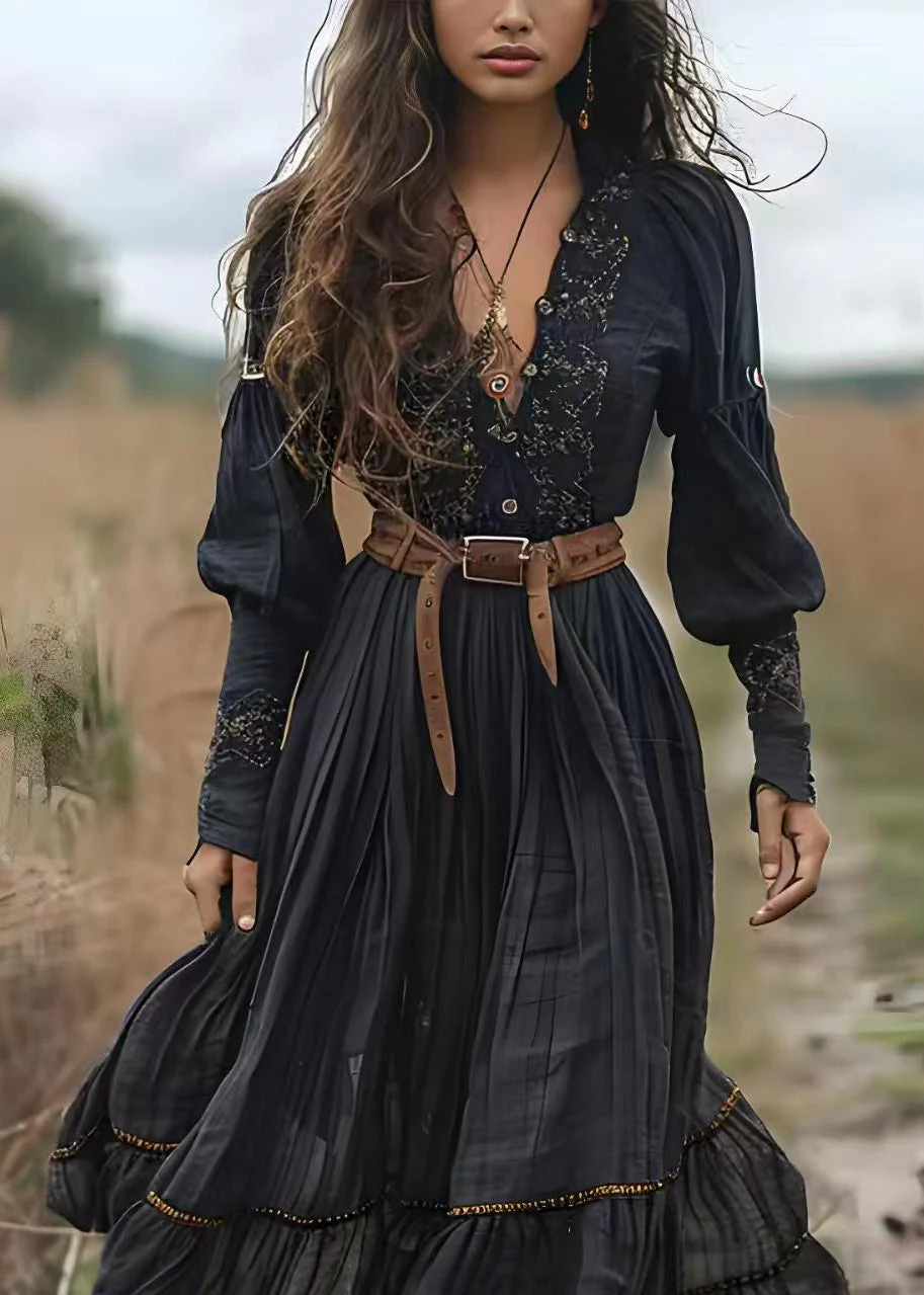 Boho Black V Neck Print Wrinkled Cotton Long Dress Spring - Image 2