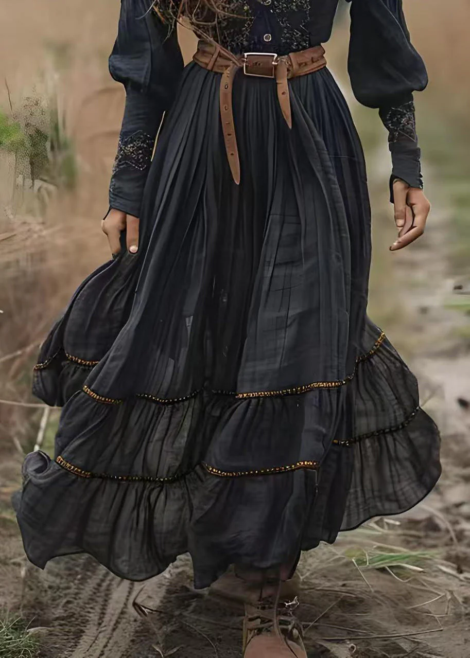 Boho Black V Neck Print Wrinkled Cotton Long Dress Spring - Image 5