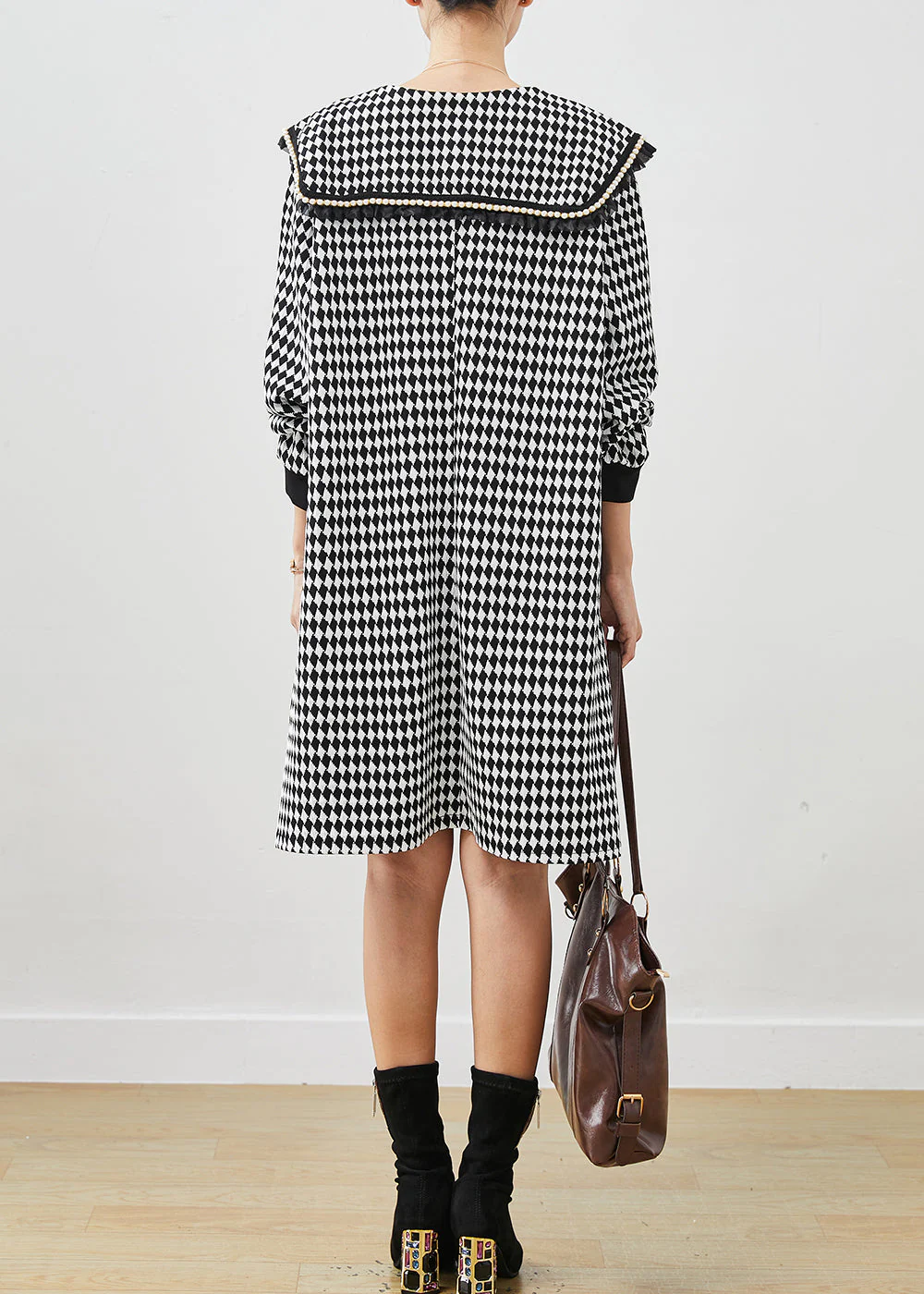 Boho Black White Plaid Sailor Collar Cotton Dress Spring - Image 4