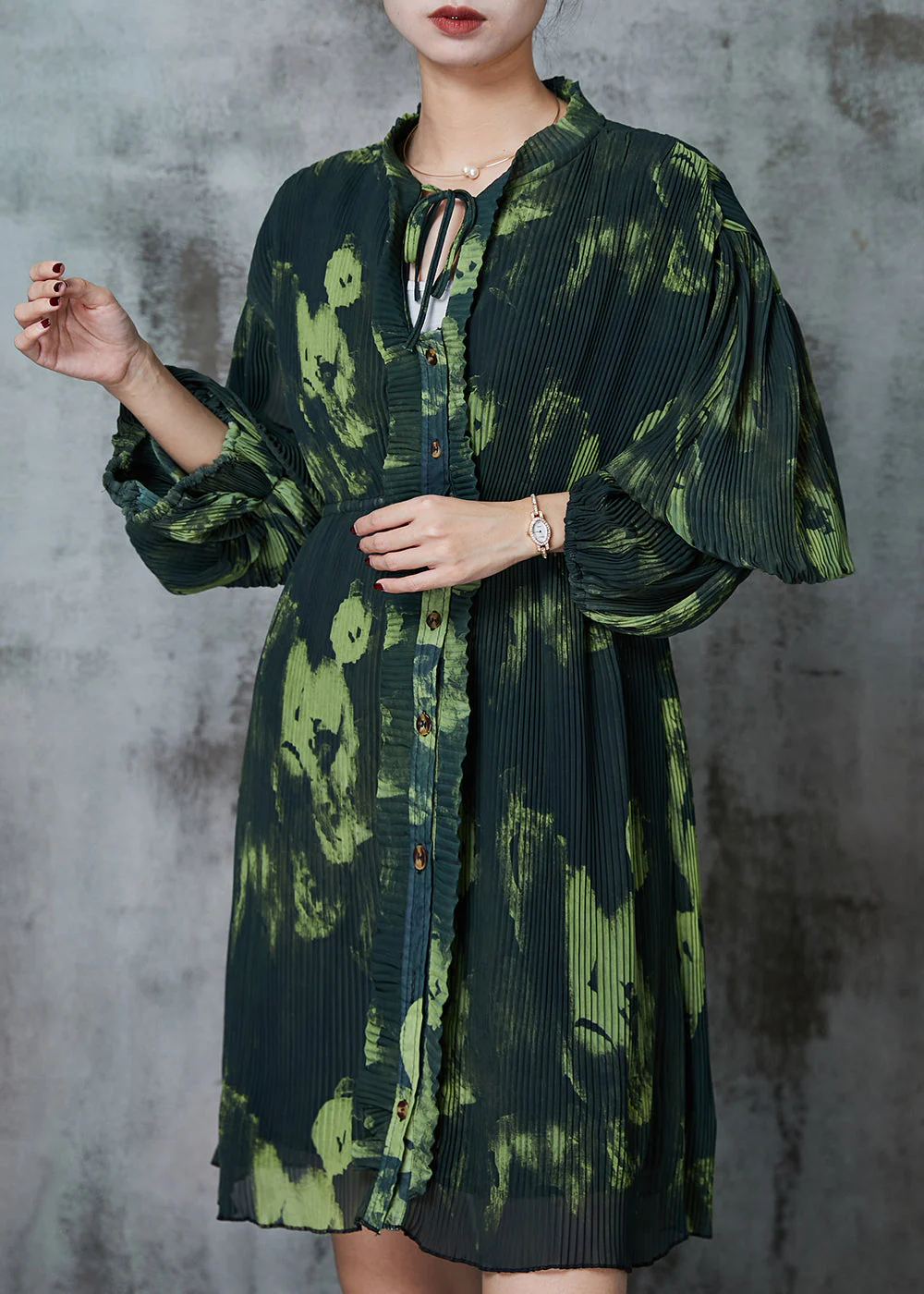 Boho Blackish Green Tie Dye Pleated Dress Spring - Image 2