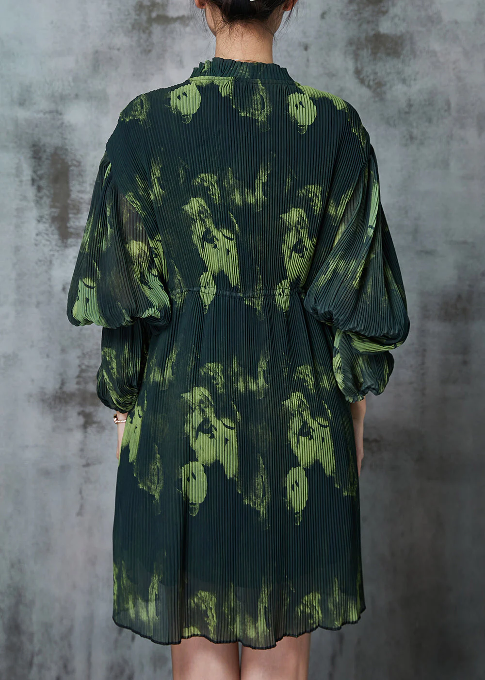 Boho Blackish Green Tie Dye Pleated Dress Spring - Image 4
