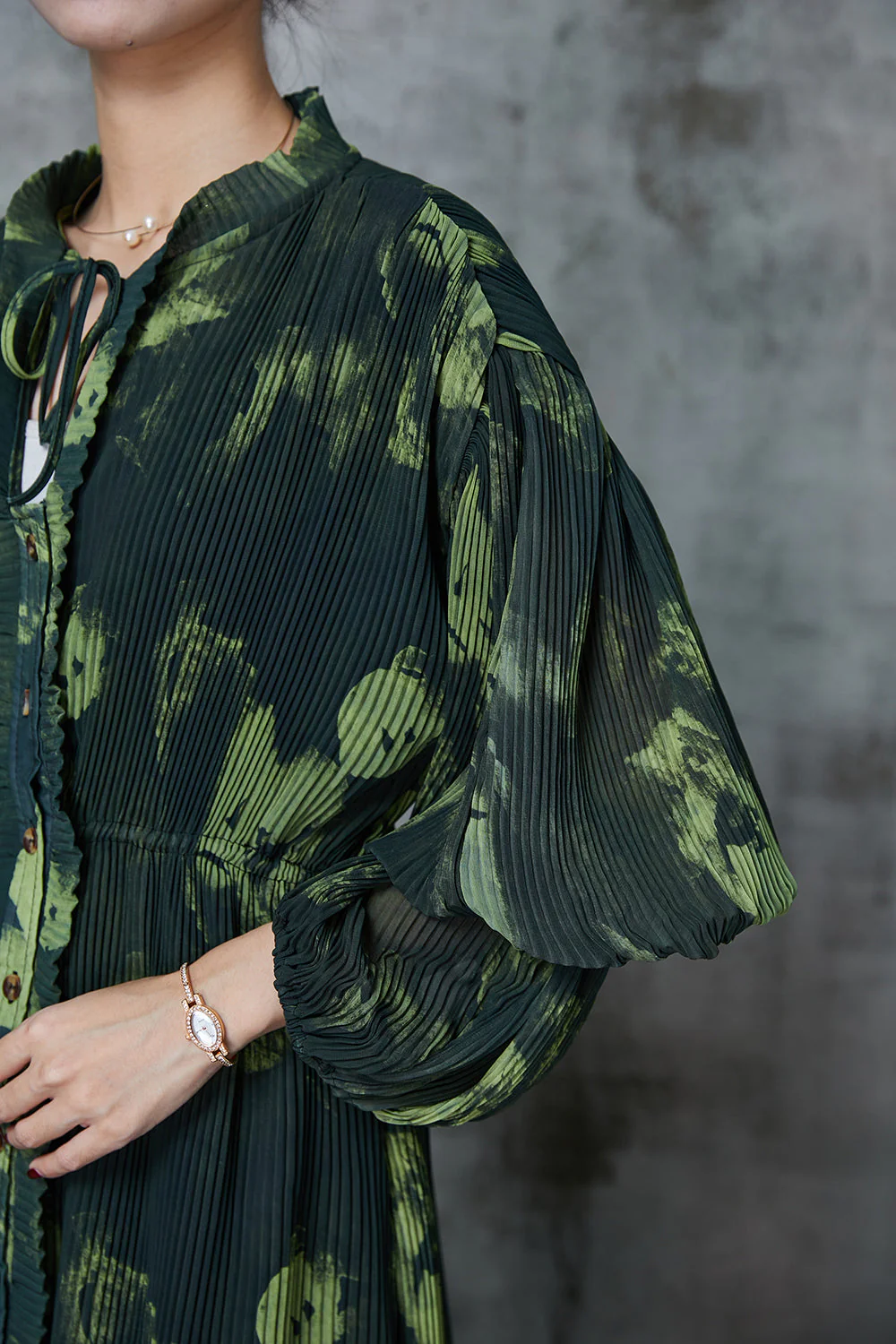Boho Blackish Green Tie Dye Pleated Dress Spring - Image 5