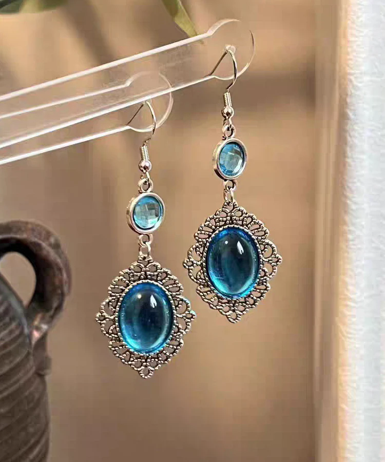Boho Blue Alloy Resin Crystal Hollow Out Drop Earrings - Image 2