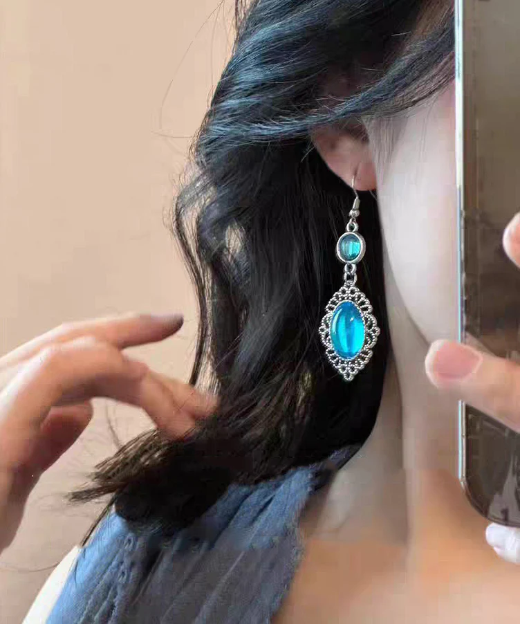 Boho Blue Alloy Resin Crystal Hollow Out Drop Earrings - Image 3