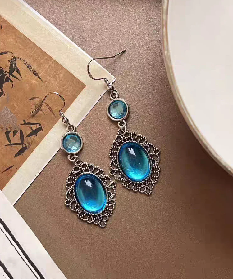 Boho Blue Alloy Resin Crystal Hollow Out Drop Earrings - Image 4