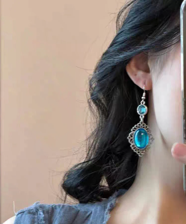 Boho Blue Alloy Resin Crystal Hollow Out Drop Earrings - Image 5