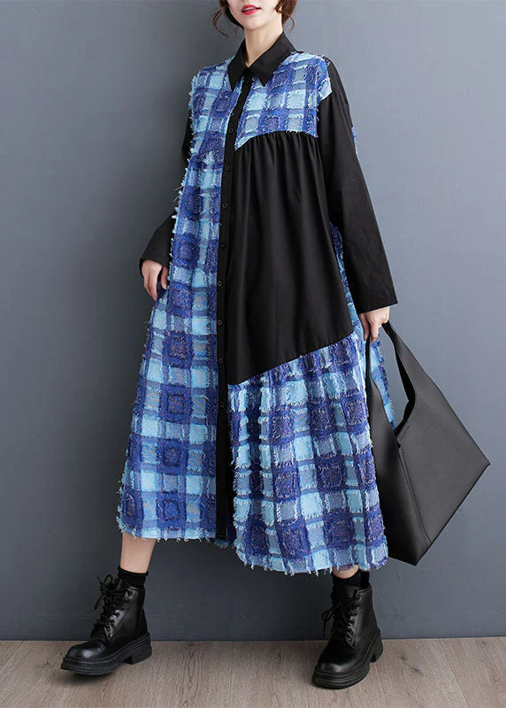 Boho Blue Asymmetrical Tulle Patchwork Button Maxi Shirts Dress Fall - Image 2