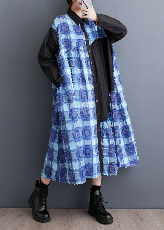 Boho Blue Asymmetrical Tulle Patchwork Button Maxi Shirts Dress Fall - Image 3