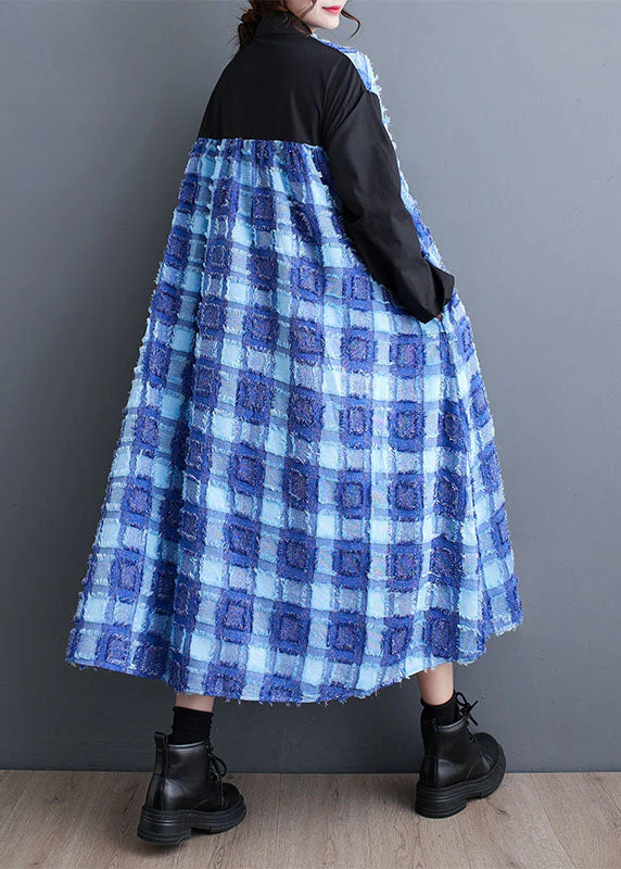 Boho Blue Asymmetrical Tulle Patchwork Button Maxi Shirts Dress Fall - Image 4
