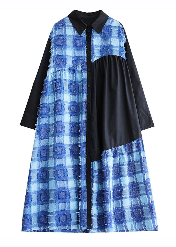 Boho Blue Asymmetrical Tulle Patchwork Button Maxi Shirts Dress Fall - Image 5