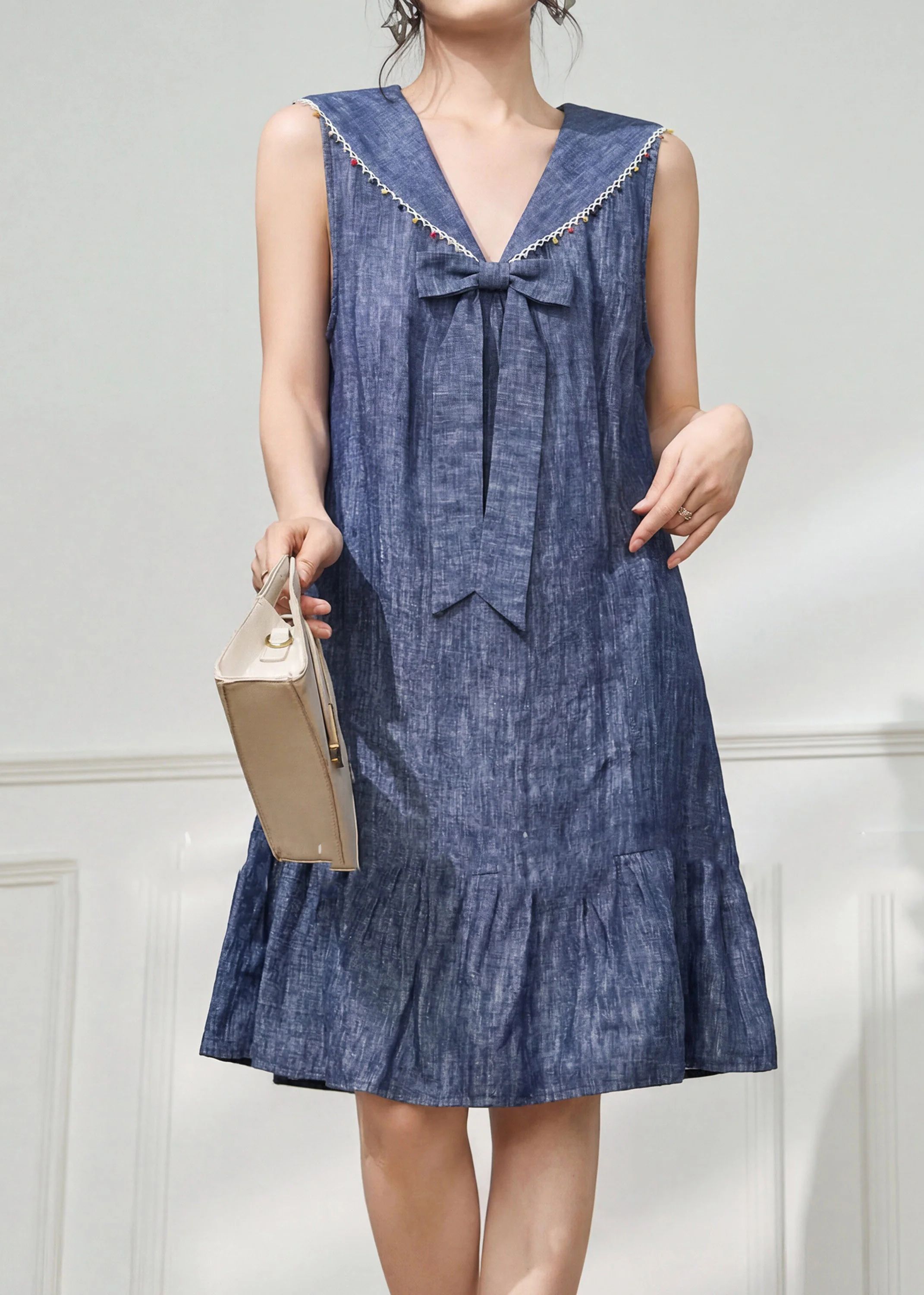 Boho Blue Bow Linen Maxi Dresses Sleeveless - Image 2