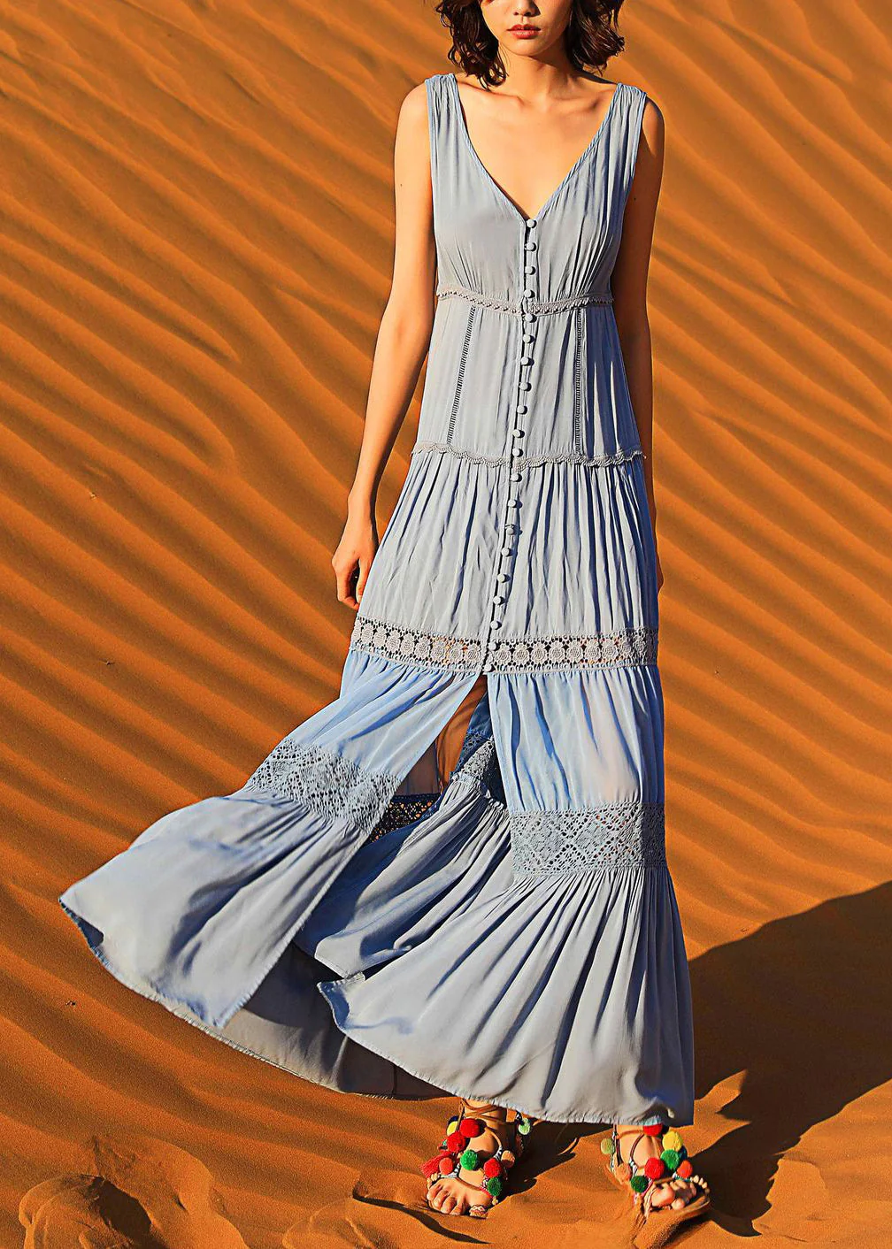 Boho Blue Button Hollow Out Cotton Long Dress Sleeveless - Image 2