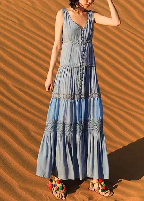 Boho Blue Button Hollow Out Cotton Long Dress Sleeveless - Image 3