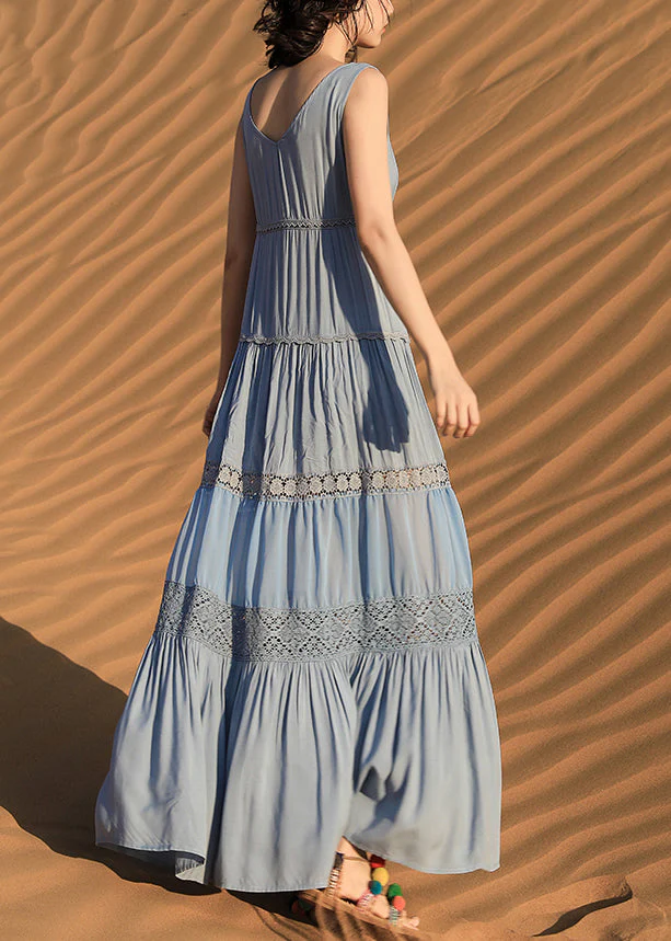 Boho Blue Button Hollow Out Cotton Long Dress Sleeveless - Image 4