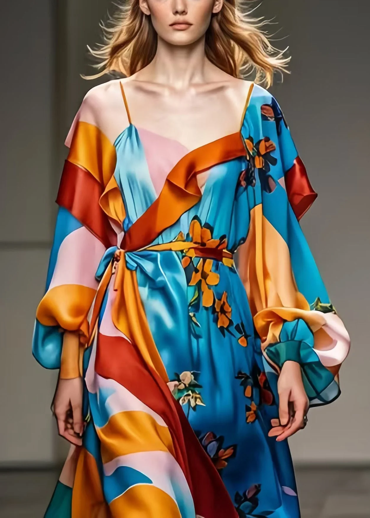 Boho Blue Cinched Print Silk Robe Dresses Spring - Image 2