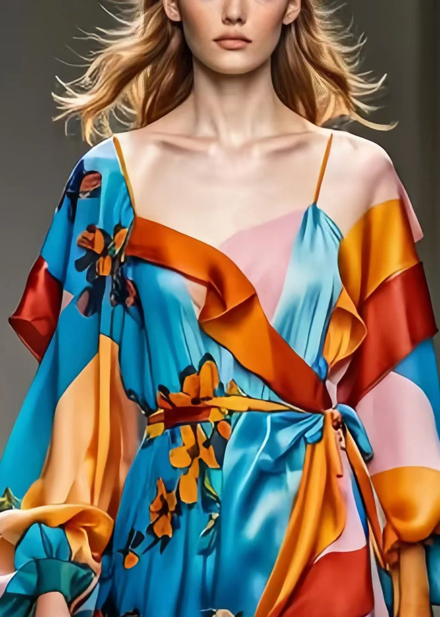 Boho Blue Cinched Print Silk Robe Dresses Spring - Image 3