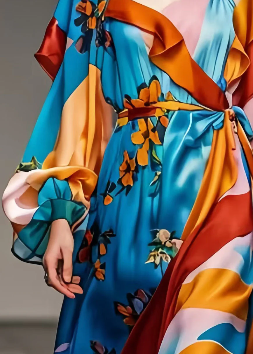 Boho Blue Cinched Print Silk Robe Dresses Spring - Image 4