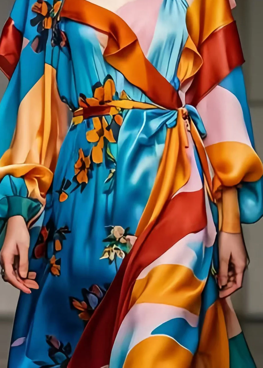 Boho Blue Cinched Print Silk Robe Dresses Spring - Image 5