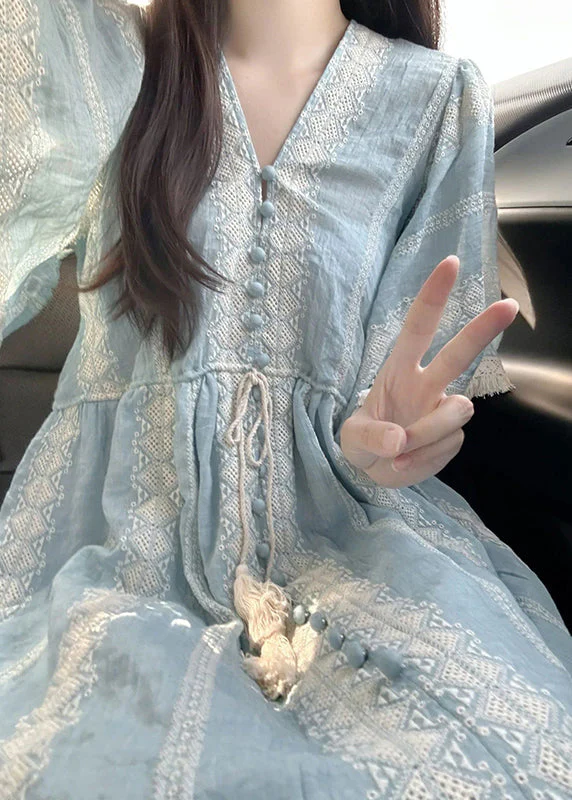 Boho Blue Embroideried Patchwork Cotton Vacation Dresses Summer - Image 2