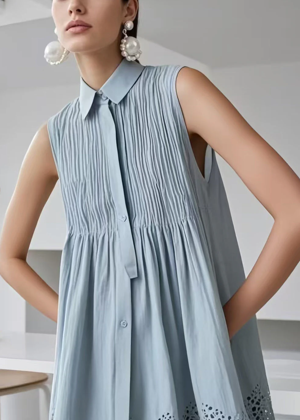 Boho Blue Hollow Out Wrinkled Cotton Tea Dress Sleeveless - Image 2