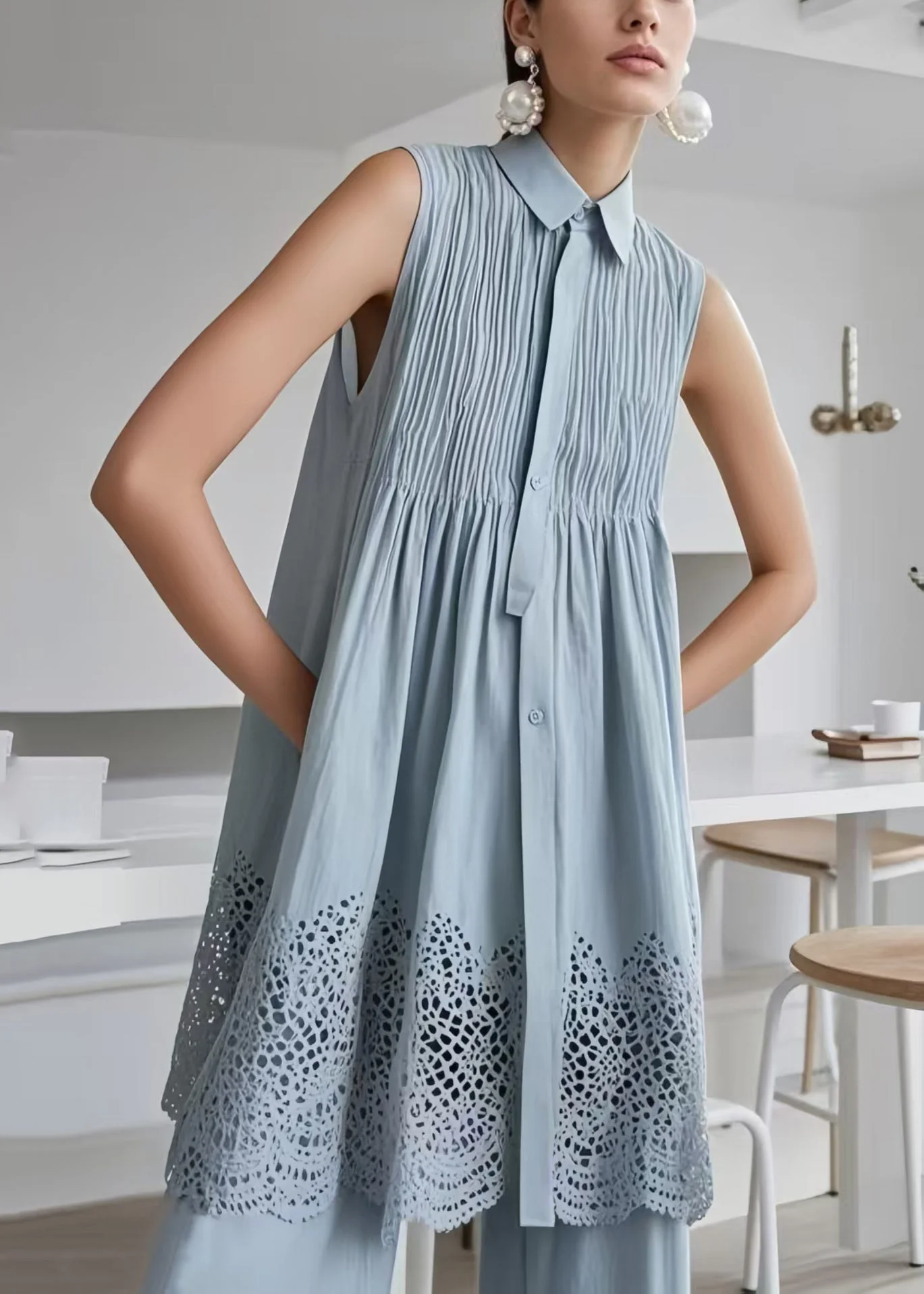 Boho Blue Hollow Out Wrinkled Cotton Tea Dress Sleeveless - Image 3