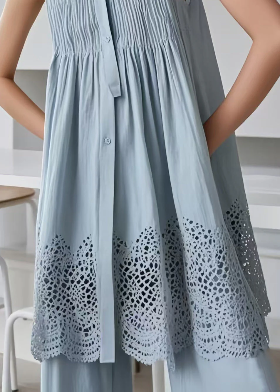 Boho Blue Hollow Out Wrinkled Cotton Tea Dress Sleeveless - Image 4