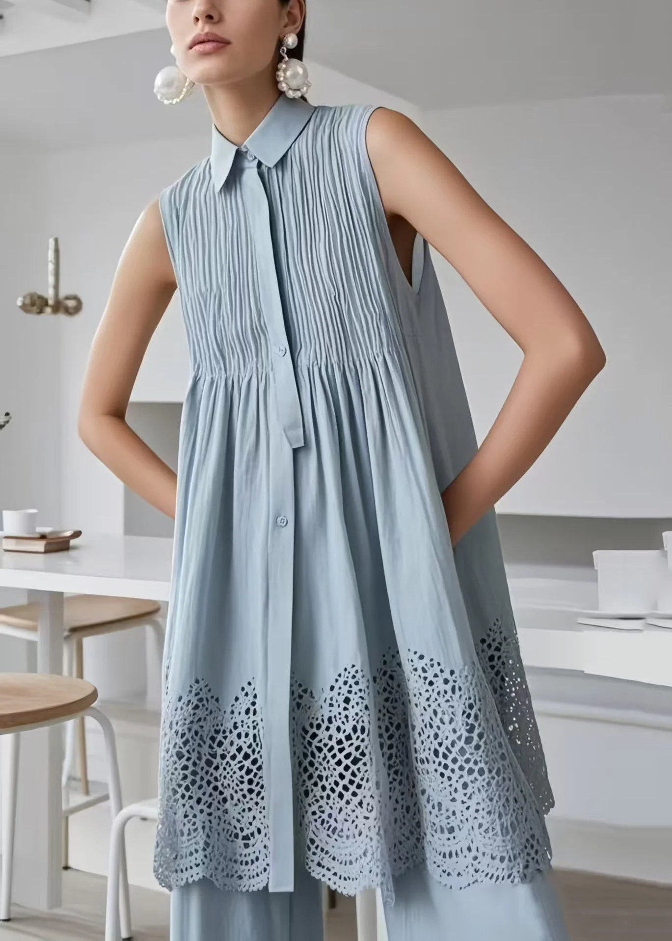 Boho Blue Hollow Out Wrinkled Cotton Tea Dress Sleeveless - Image 5
