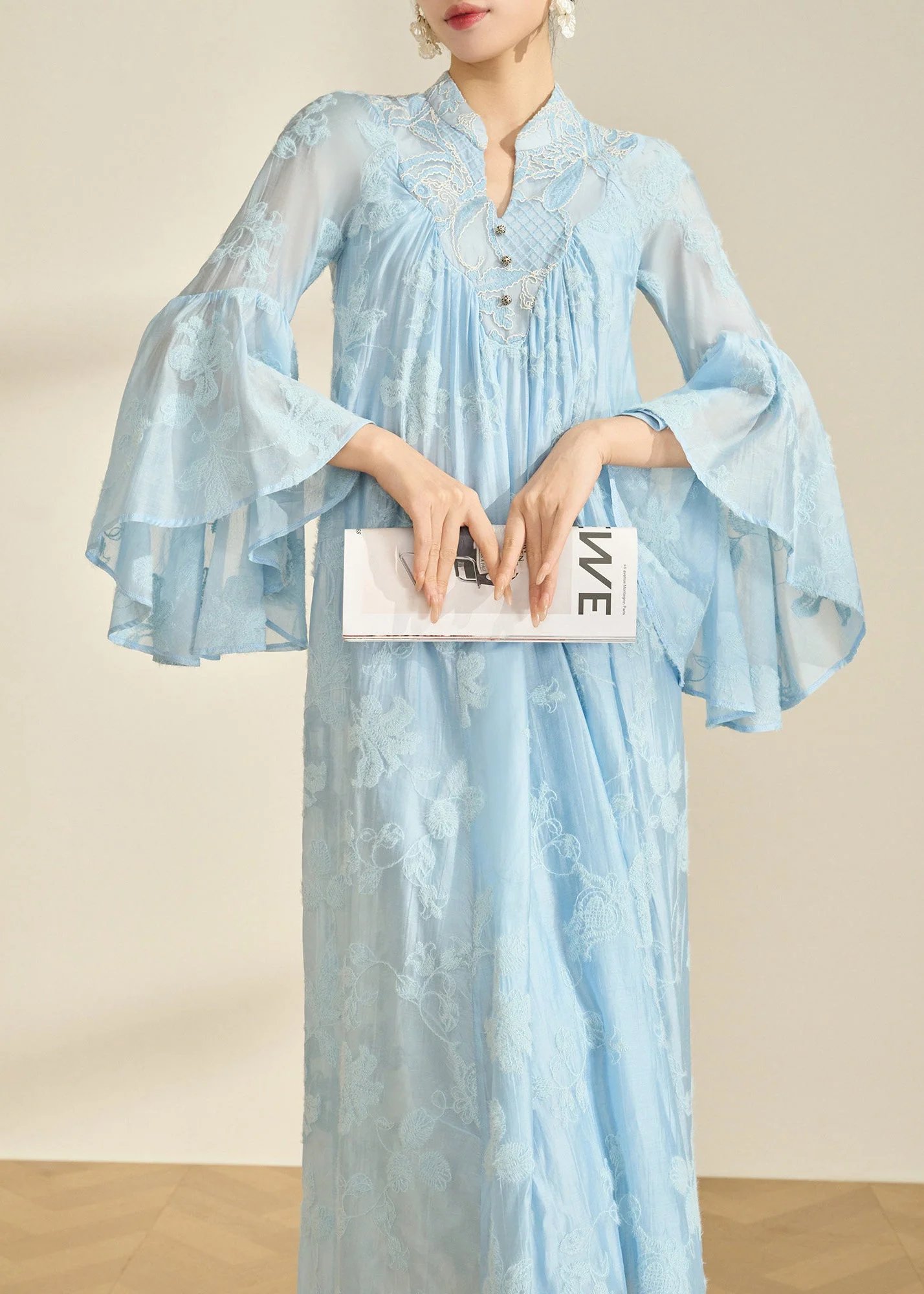 Boho Blue Mandarin Collar Embroidered Cotton Party Dress Flare Sleeve - Image 2