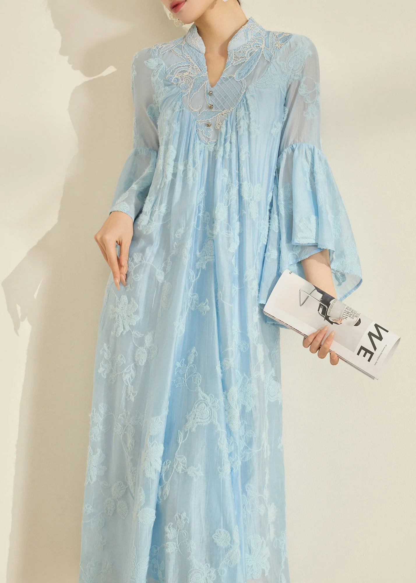 Boho Blue Mandarin Collar Embroidered Cotton Party Dress Flare Sleeve - Image 3