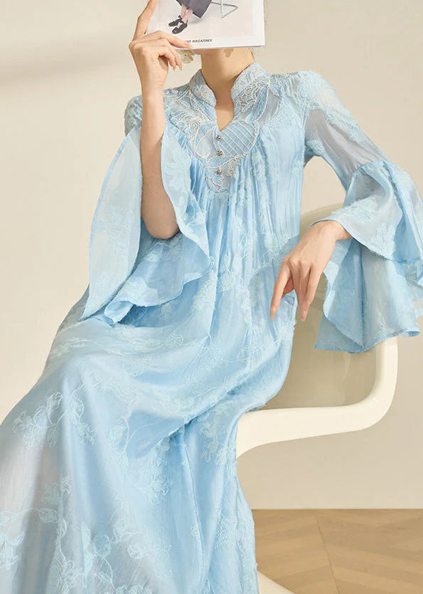 Boho Blue Mandarin Collar Embroidered Cotton Party Dress Flare Sleeve - Image 4