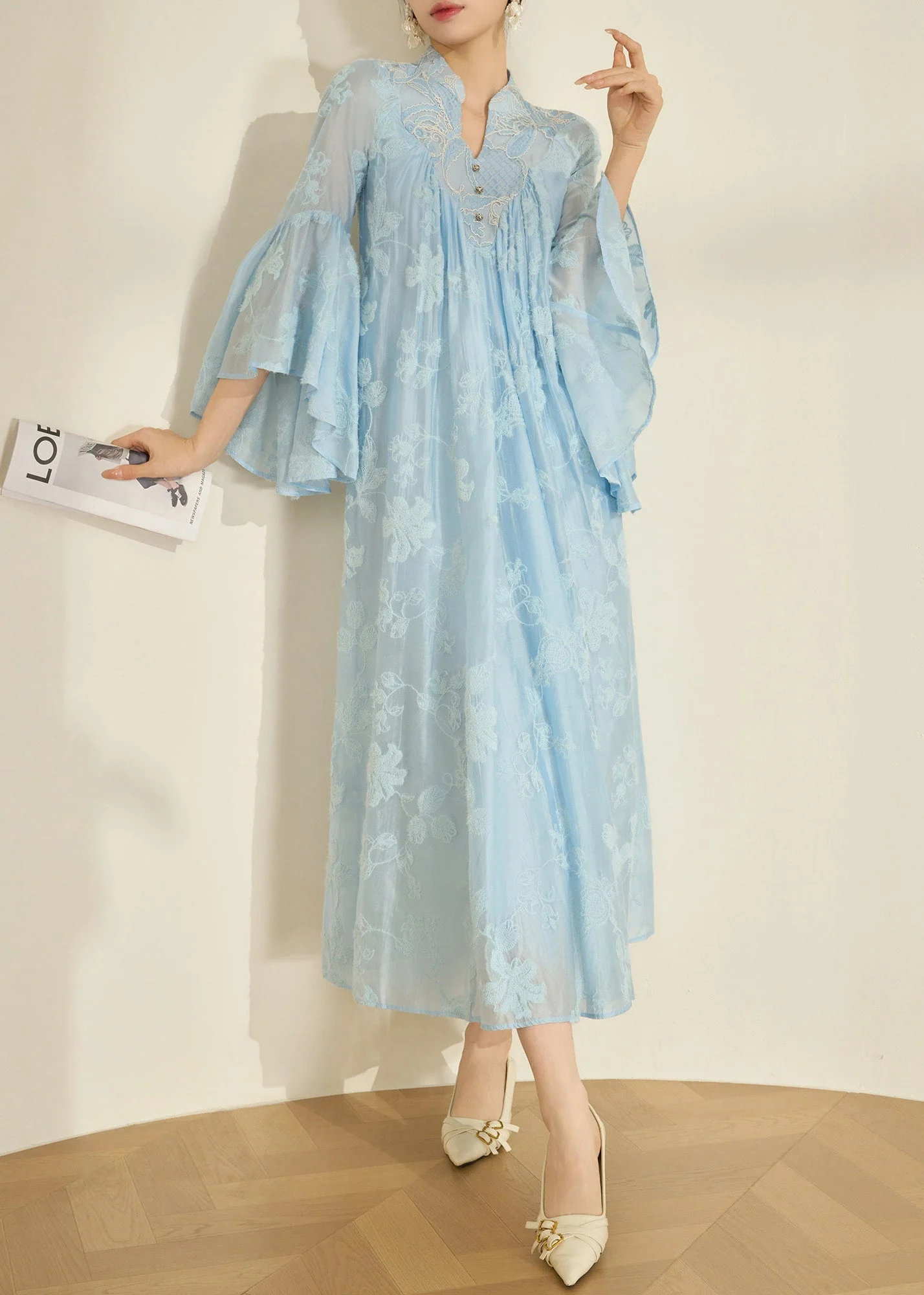 Boho Blue Mandarin Collar Embroidered Cotton Party Dress Flare Sleeve - Image 5