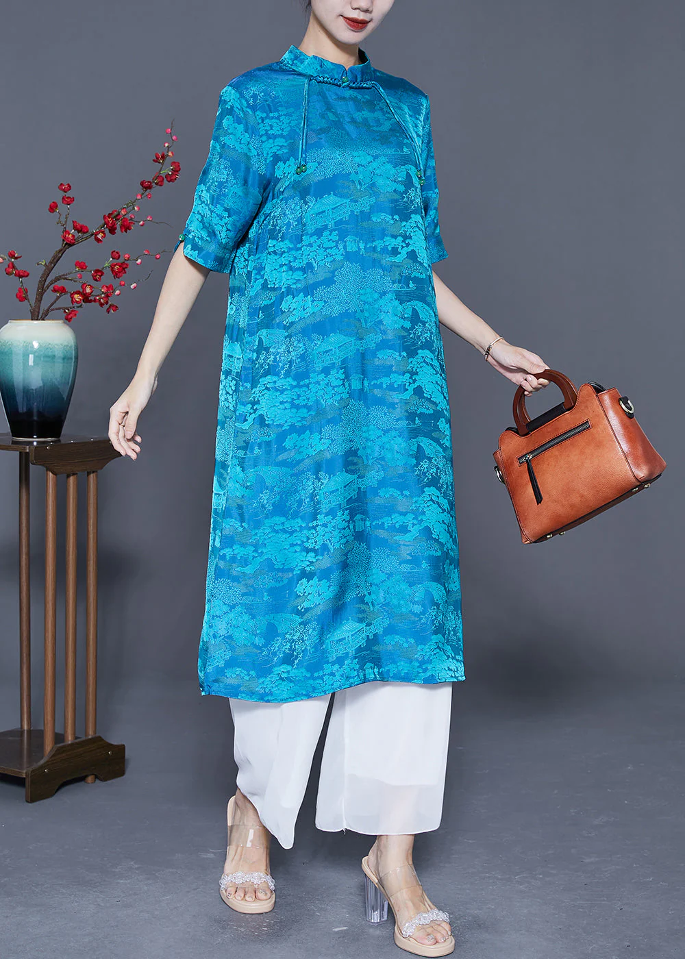 Boho Blue Mandarin Collar Print Tassel Silk Robe Dresses Summer - Image 2