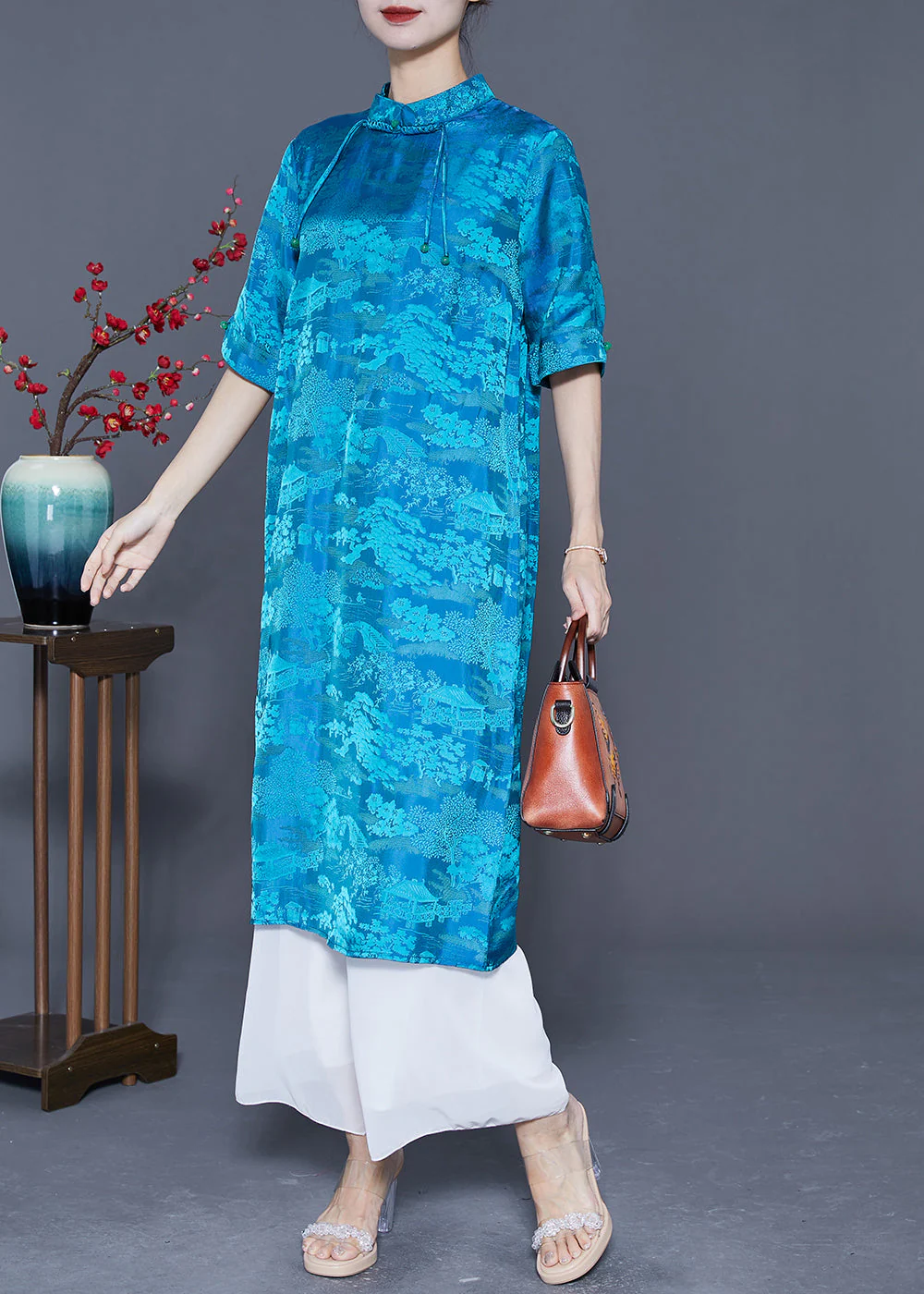Boho Blue Mandarin Collar Print Tassel Silk Robe Dresses Summer - Image 3