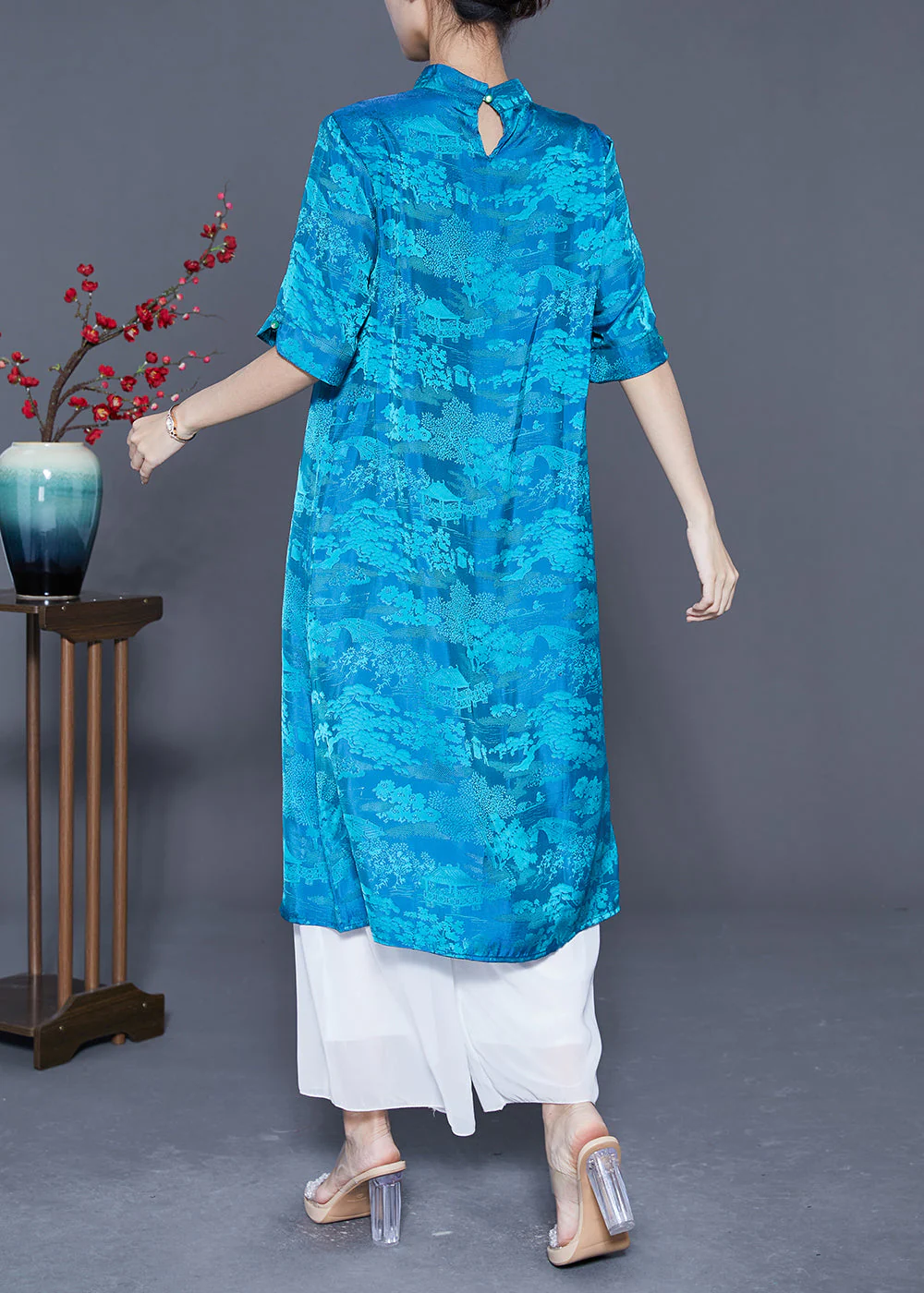Boho Blue Mandarin Collar Print Tassel Silk Robe Dresses Summer - Image 4