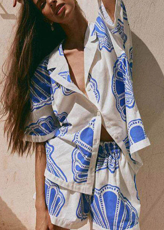 Boho Blue Notched Print Shirts And Shorts Pajama Set - Image 4