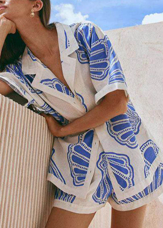 Boho Blue Notched Print Shirts And Shorts Pajama Set - Image 5