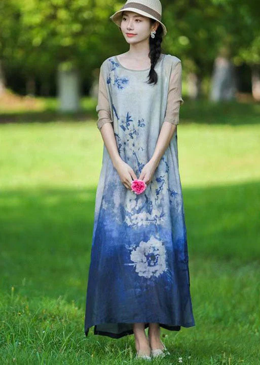 Boho Blue O Neck Print Patchwork Linen Long Dress Summer - Image 2