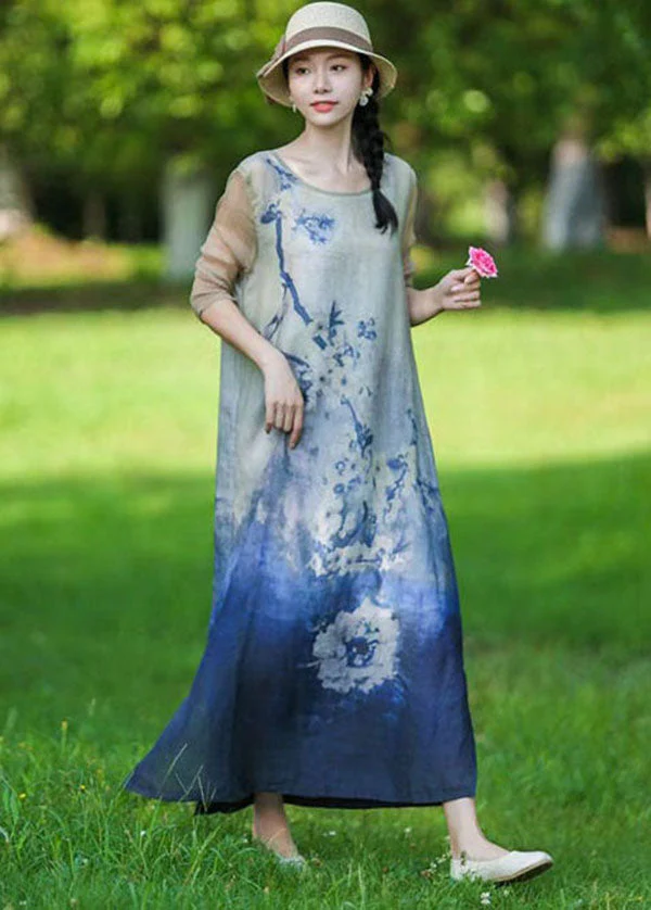 Boho Blue O Neck Print Patchwork Linen Long Dress Summer - Image 3