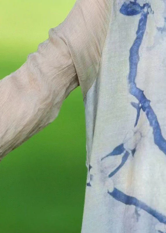 Boho Blue O Neck Print Patchwork Linen Long Dress Summer - Image 4