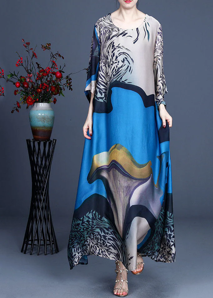 Boho Blue O-Neck Print Silk Vacation Dresses Bracelet Sleeve - Image 2