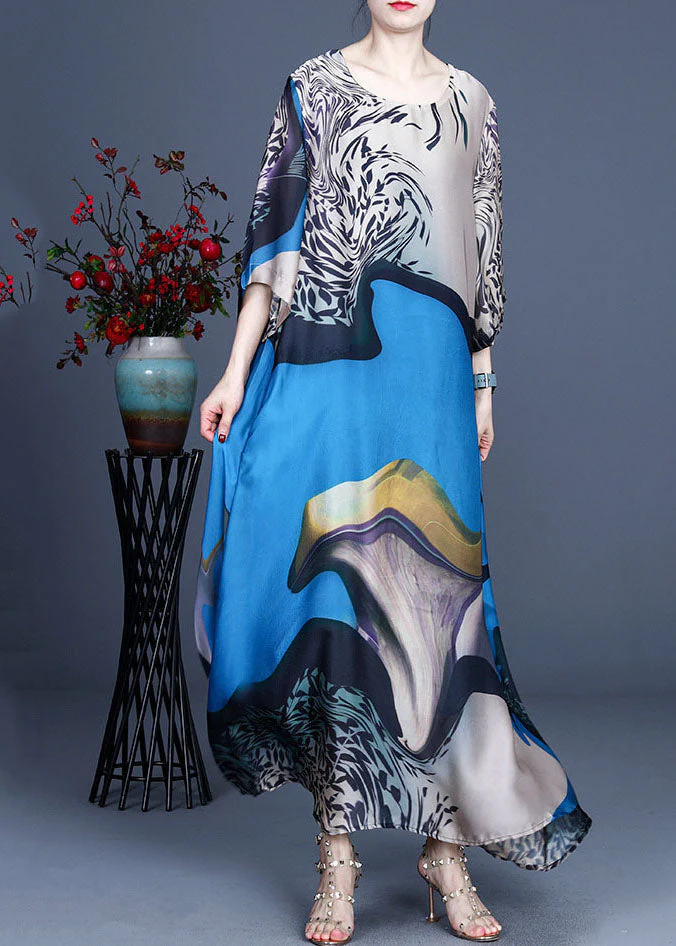 Boho Blue O-Neck Print Silk Vacation Dresses Bracelet Sleeve - Image 3