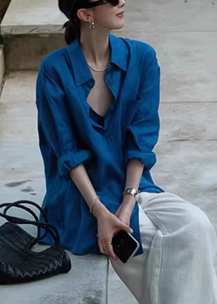 Boho Blue Oversized Cotton UPF 50+ Shirt Spring - Image 2