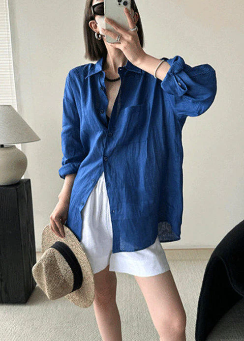 Boho Blue Oversized Cotton UPF 50+ Shirt Spring - Image 3