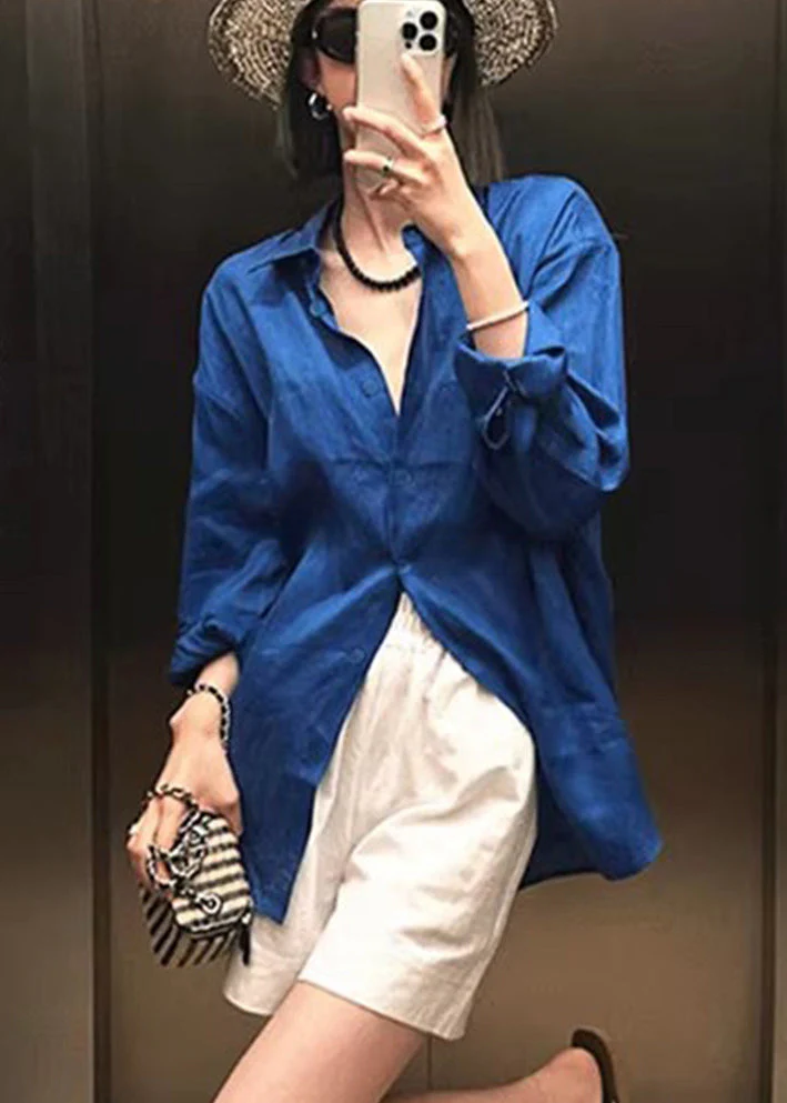 Boho Blue Oversized Cotton UPF 50+ Shirt Spring - Image 4