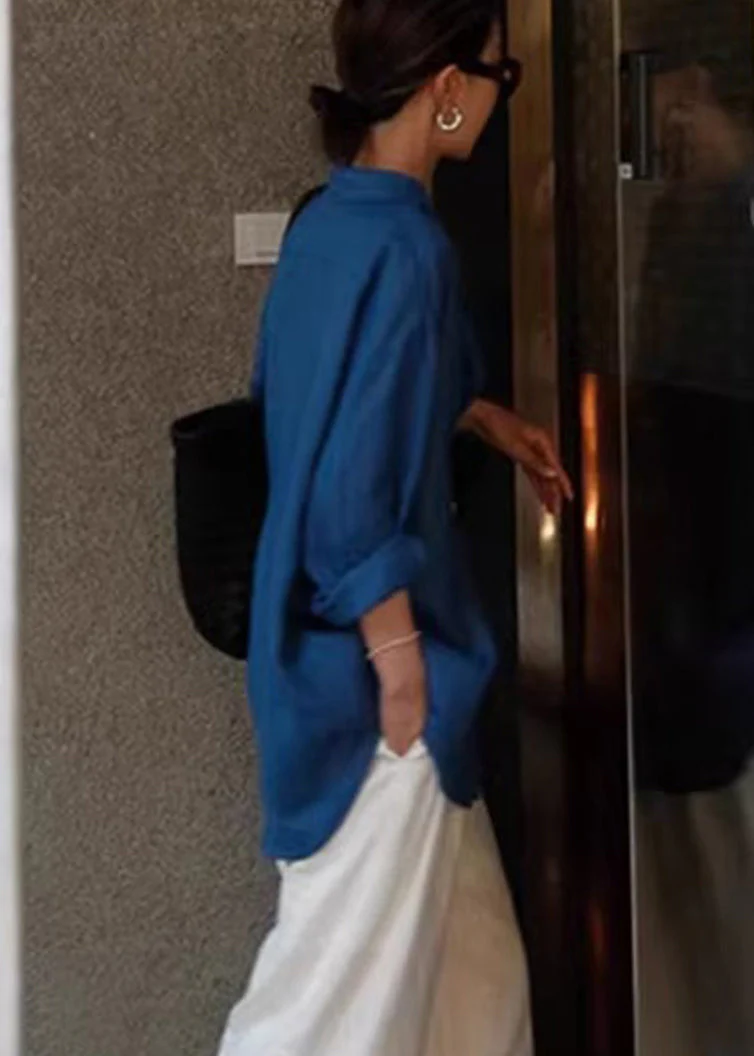 Boho Blue Oversized Cotton UPF 50+ Shirt Spring - Image 5