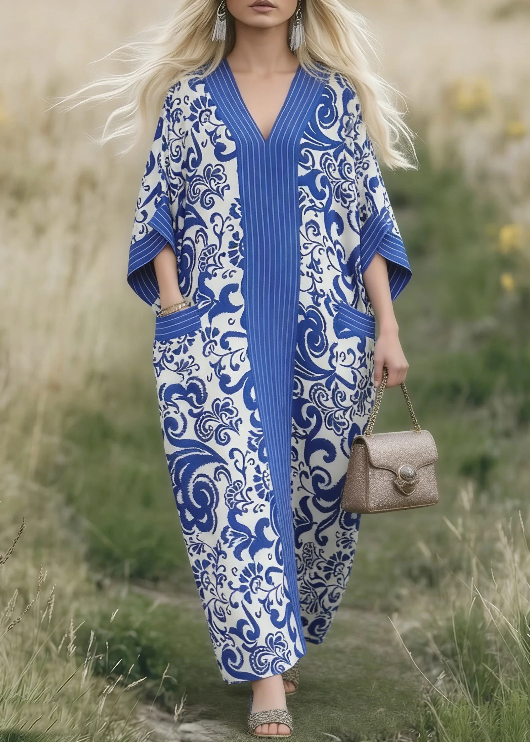 Boho Blue Oversized Print Cotton Maxi Dresses Spring - Image 3
