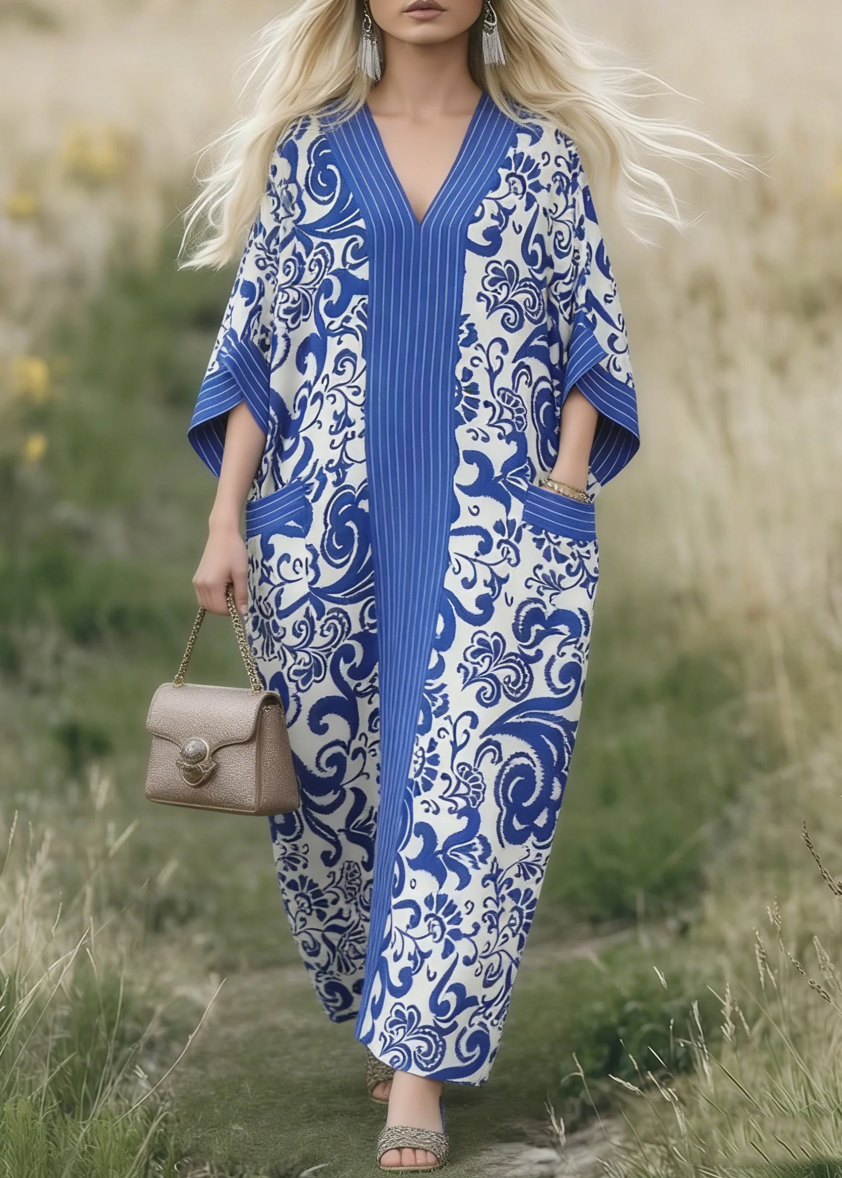 Boho Blue Oversized Print Cotton Maxi Dresses Spring - Image 5