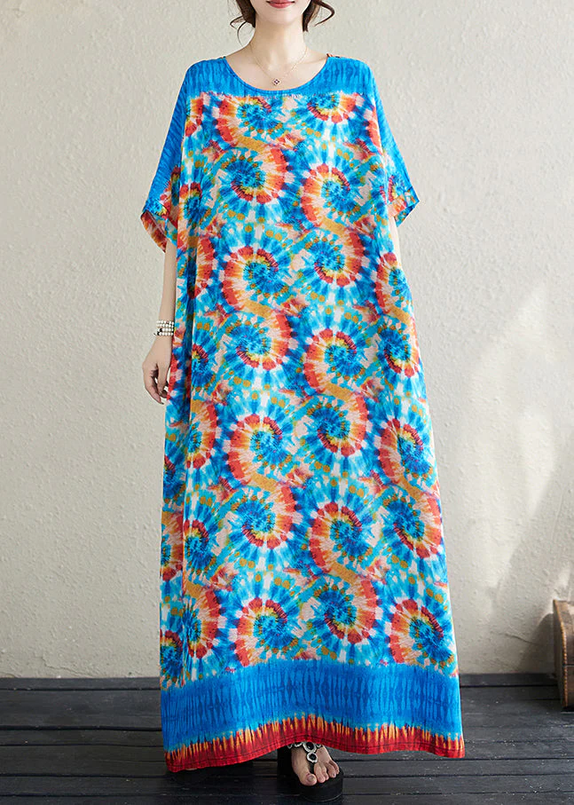 Boho Blue Oversized Print Cotton Vacation Dress Batwing Sleeve - Image 2