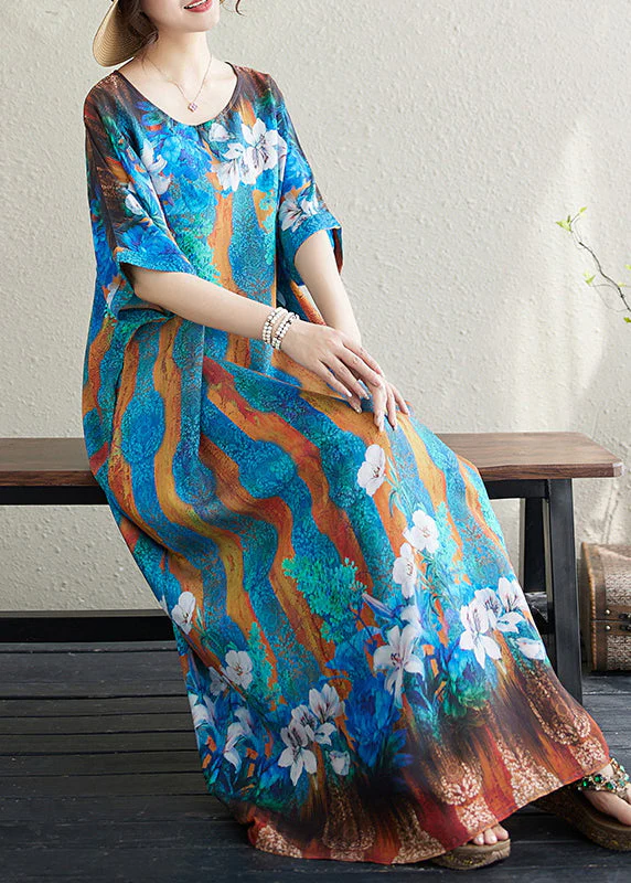 Boho Blue Oversized Print Cotton Vacation Dress Batwing Sleeve - Image 3